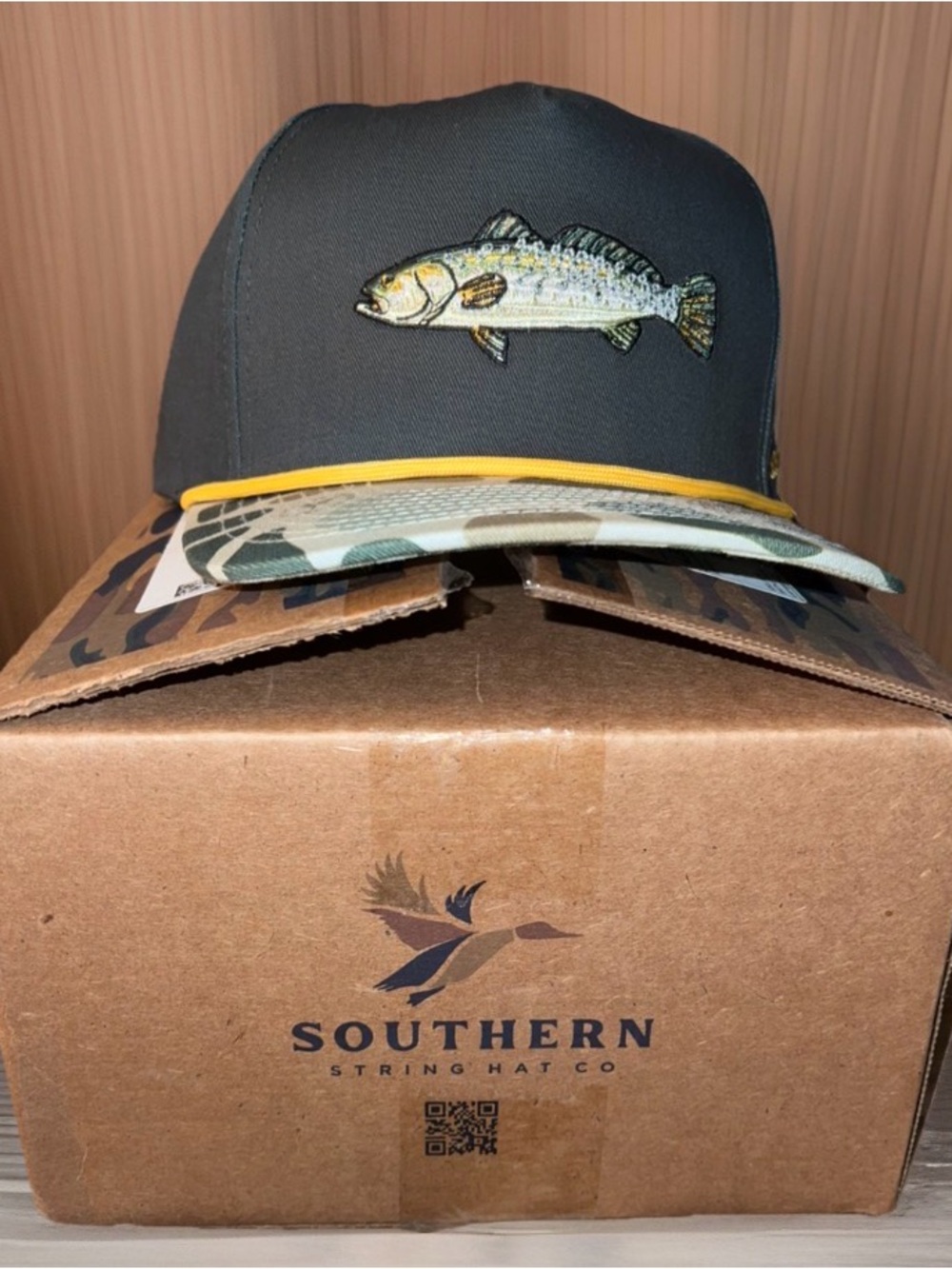 Southern String Hat Co. Fish Patch Trucker Hat - Olive with Yellow Trim #391